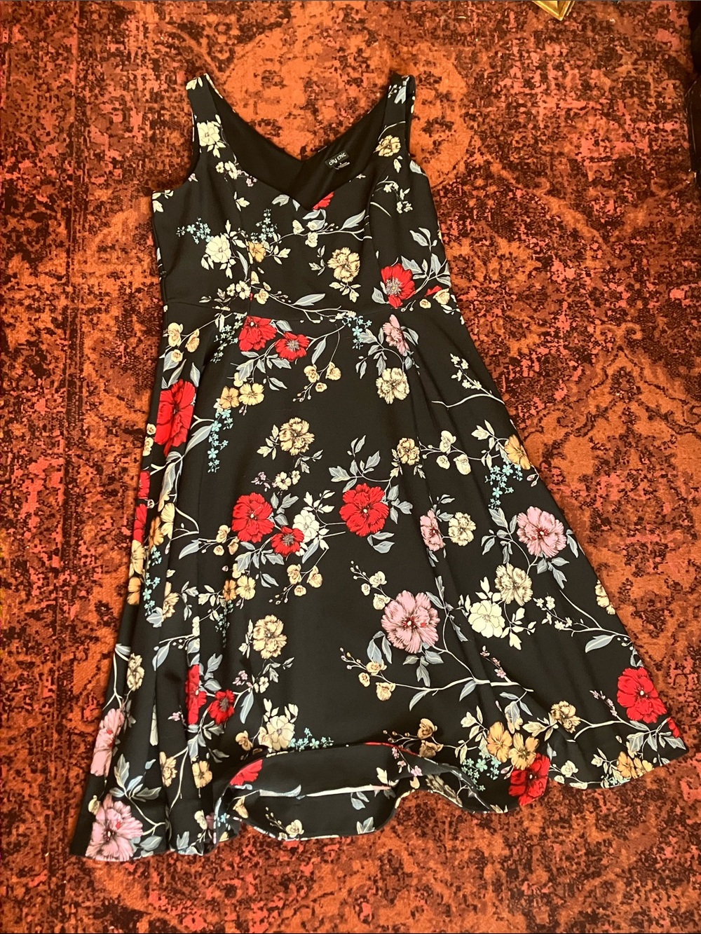 City Chic Black Floral Midi Dress with Red, Pink & Cream Flowers